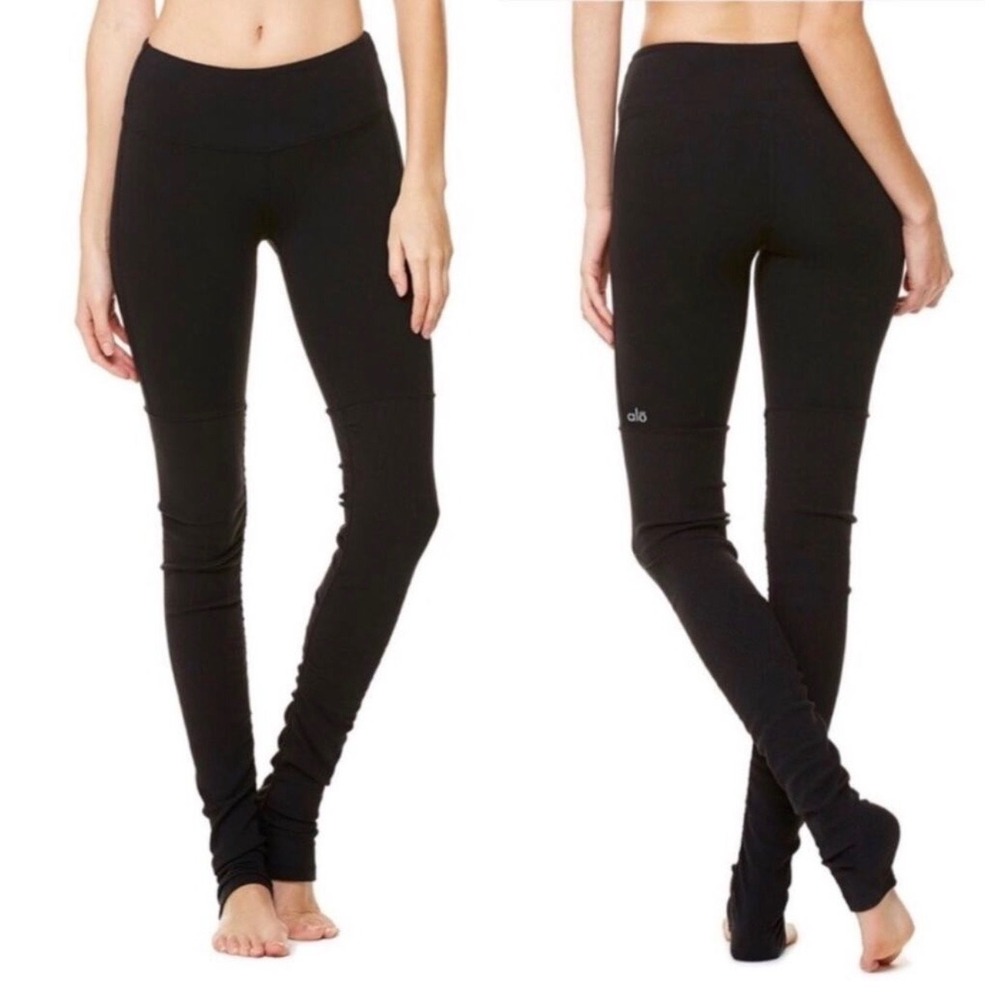 Alo Yoga Goddess Leggings Black Ribbed Extra Long Scrunched Yoga Pants Wmns S/M